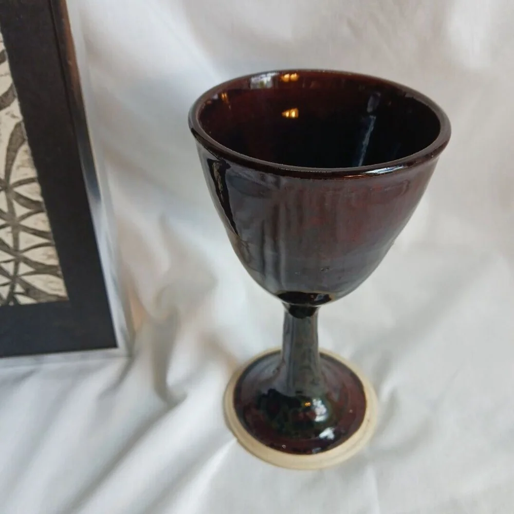 Studio Art Pottery Wine Goblet Signed Brown Stoneware